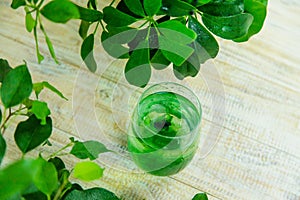 chlorophyll supplement in a glass of water. Selective focus.