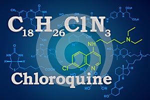 Chloroquine. Chemical formula, molecular structure. 3D rendering