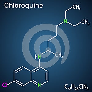 Chloroquine, chloraquine, aminoquinoline, C18H26ClN3 molecule. It is used for the treatment of malaria, hepatic amoebiasis, lupus