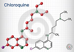 Chloroquine, chloraquine, aminoquinoline, C18H26ClN3 molecule. It is used for the treatment of malaria, hepatic amoebiasis, lupus