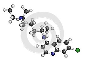 Chloroquine malaria drug molecule. Used to treat and prevent malaria. Also used for antiviral and immunosuppressant properties.