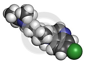 Chloroquine malaria drug molecule. Used to treat and prevent malaria. Also used for antiviral and immunosuppressant properties.