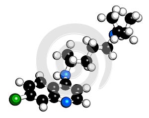 Chloroquine malaria drug molecule. Used to treat and prevent malaria. Also used for antiviral and immunosuppressant properties. 3D