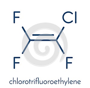 Chlorotrifluoroethylene CTFE refrigerant molecule and polychlorotrifluoroethylene plastic building block. Skeletal formula.