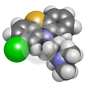 Chlorpromazine (CPZ) antipsychotic drug molecule. Used to treat schizophrenia