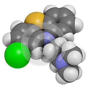 Chlorpromazine (CPZ) antipsychotic drug molecule. Used to treat schizophrenia