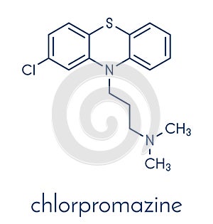 Chlorpromazine CPZ antipsychotic drug molecule. Used to treat schizophrenia. Skeletal formula.