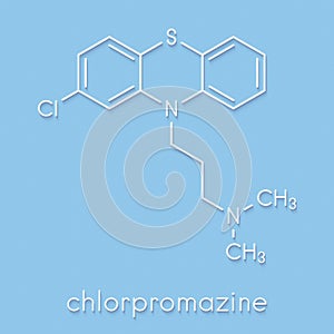 Chlorpromazine CPZ antipsychotic drug molecule. Used to treat schizophrenia. Skeletal formula.