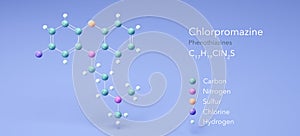 chlorpromazine molecule, molecular structures, phenothiazines, 3d model, Structural Chemical Formula and Atoms with Color Coding