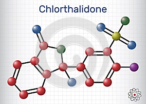 Chlorthalidone molecule. It is diuretic drug. Molecule model. Sheet of paper in a cage. Vector