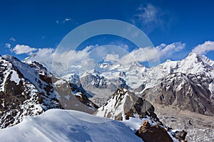 Cho-Oyu Mount in clouds. View from the top of the Gokyo Ri.