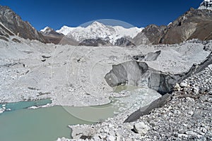 Cho Oyu mountain peak and Ngozumpa glacier photo