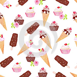 Choc-ice, icecream cone, cupcakes watercolor seamless vector pat