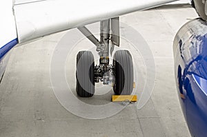 Chocks securing a plane undercarriage