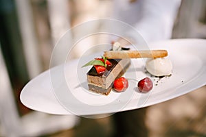 Choclate mouse cake decorated with dark chocolate ganache, mint and strawberries with a side of vanilla icecream and photo