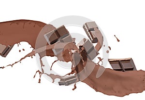 Choco bars and splashes of delicious chocolate milk on white background