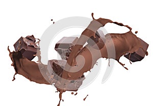 Choco bars and splashes of delicious chocolate milk on white background