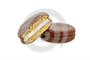 Choco pie chocolate biscuits on white