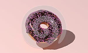 Chocolate 3D donut on a beige background is a realistic sweet dessert with a top. 3D rendering