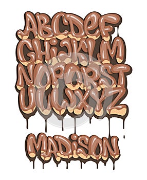 Chocolate alphabet set liquid font style.