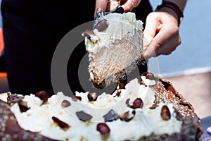 Chocolate anc cream cake, serving birthday cake