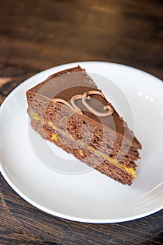 Chocolate Austrian dessert Sacher with apricot jam. One slice of traditional Sacher cake served on a white plate