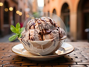 Chocolate ball vanilla ice cream in a bowl