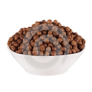 Chocolate balls corn flakes in white bowl isolated on white background. Cereals.