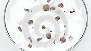Chocolate balls falling into bowl of milk with drops, waves and splashes slow mo