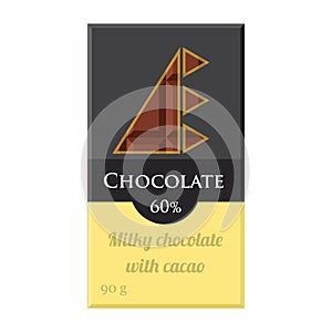Chocolate bar. Cacao label package. Sweet milky product. Flat style