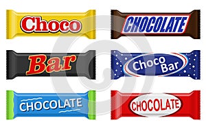 Chocolate bar of candy bar set isolated on white background. Sweets snacks bars packages templates. Dessert food vector