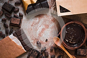 chocolate bar cocoa beans chocolate cream table. High quality photo