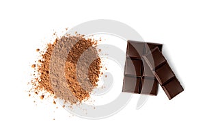Chocolate bar and cocoa isolated on white background.
