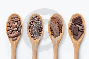 Chocolate bar, cocoa powder, cacao beans and nibs, heap in wooden spoons, chocolate background