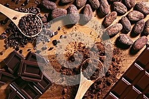 Chocolate bar, cocoa powder, cacao beans and nibs, heap in wooden spoons, chocolate background