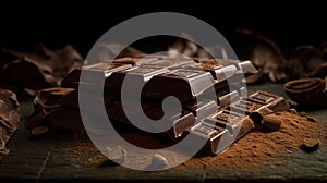 Chocolate bar and cocoa powder on old wooden table. Black background.