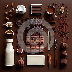 Chocolate bar, coffee beans, cocoa powder, milk and spices on brown background. Generative AI