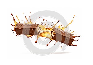 Chocolate bar cracking and splashing, no gravity, ai generated