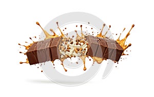 Chocolate bar cracking and splashing, no gravity, ai generated