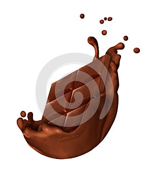 Chocolate bar drowns in chocolate splashes on white background
