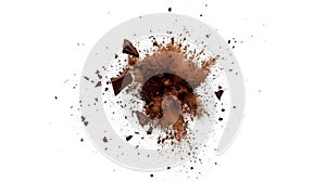 Chocolate bar exploding creating a cloud of cocoa powder on white background