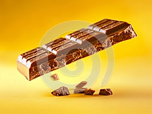 chocolate bar, floating and isolated on a yellow background
