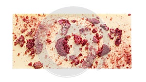Chocolate bar with freeze dried raspberries isolated on white, top view