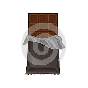 Chocolate bar in grey polyethylene wrap, delicious dessert vector Illustration on a white background