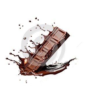chocolate bar with liquid chocolate splash on it. On white background. Generative A.I