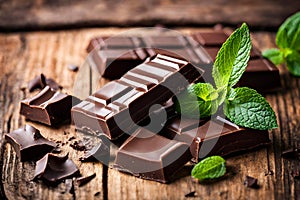 Chocolate bar and mint leaves close up on wooden table background.