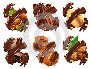 Chocolate bar, nuts, caramel, cocoa bean in chocolate splash. 3d vector