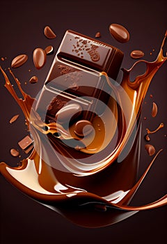Chocolate bar and nuts in a wave of melted chocolate. AI generated