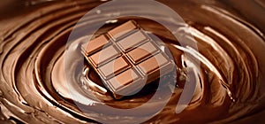 Chocolate bar over melted dark chocolate swirl liquid background. Confectionery concept backdrop