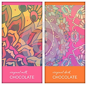 Chocolate bar package designs with ethnic floral ornament. Beautiful collection. Easy editable packaging template